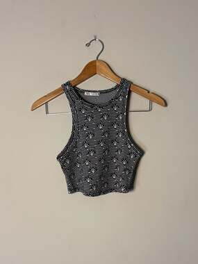 Zara Black and White Patterned Racerback Crop Top Size S